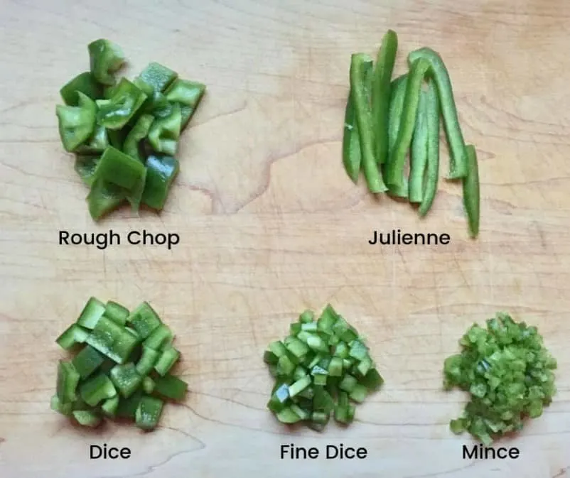 Chop, mince, dice, slice, julienne, julienne slice, cube