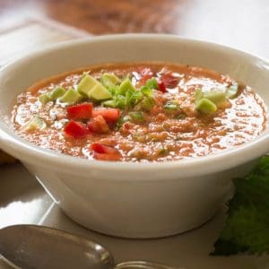 Classic Gazpacho with Diced Avocado (Cold Vegetable Soup)