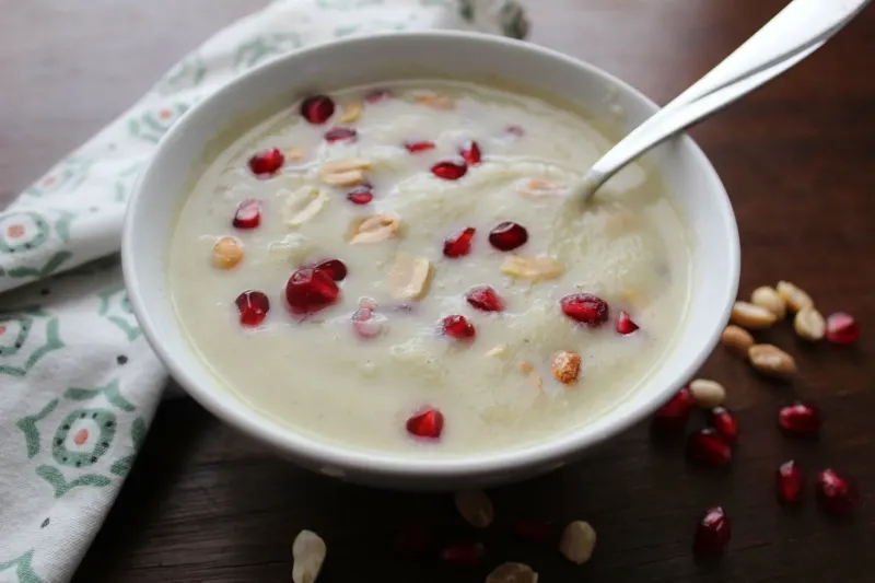 Creamy Cauliflower Soup with Peanuts and Pomegranate