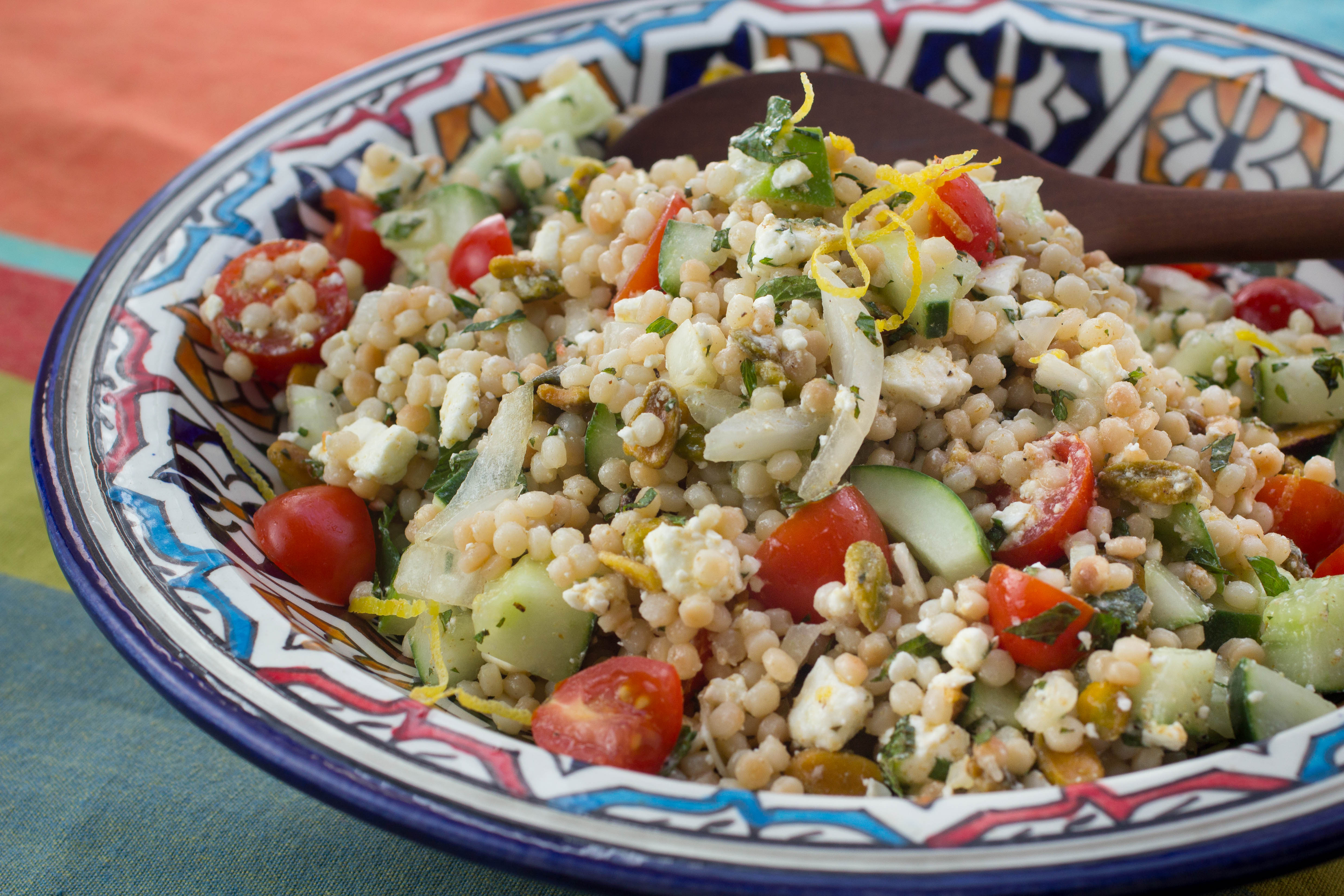 Israeli Couscous Salad Recipe with Tomatoes, Cucumbers, and Feta The