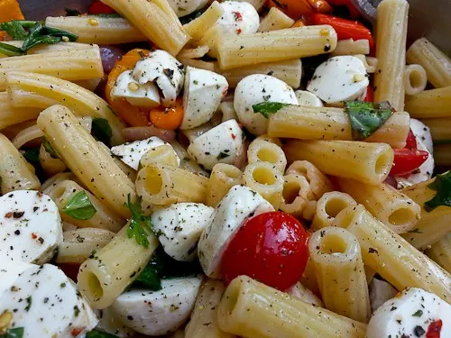Pasta Salad with Roasted Summer Vegetables and Fresh Mozzarella