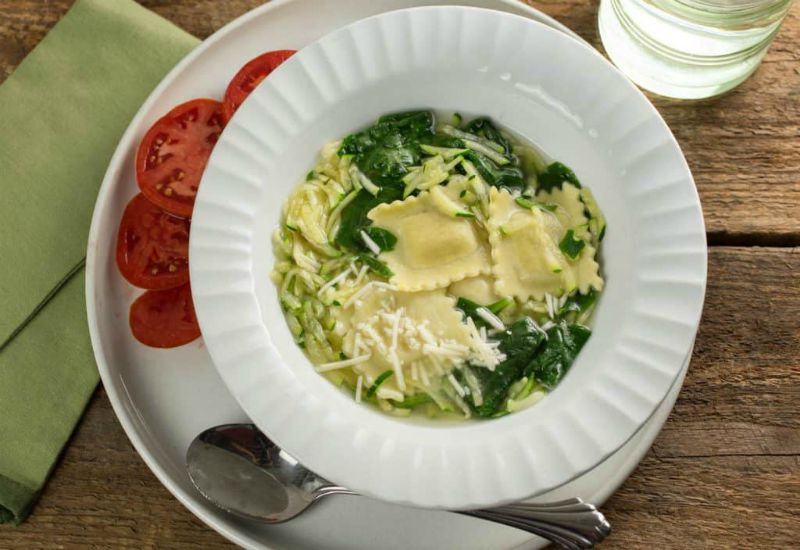 Ravioli Soup with Grated Succhini and Spinach