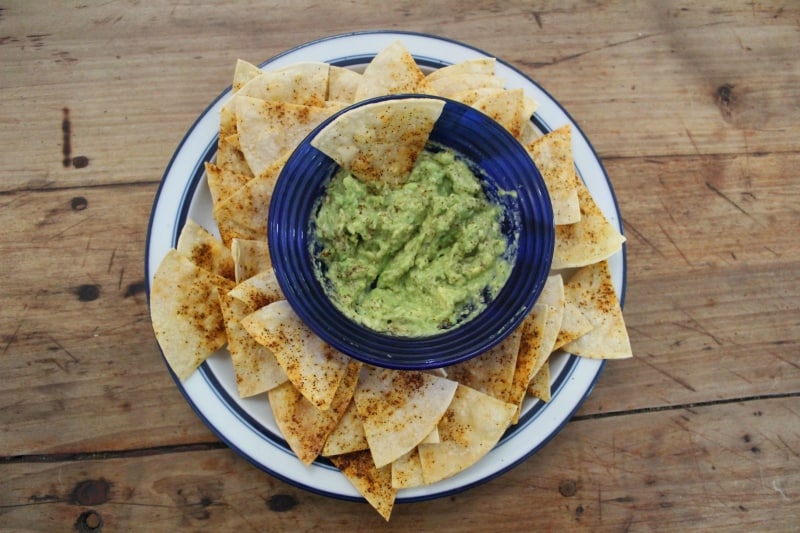 Salty Snacks: Homemade Barbeque Tortilla Chips with Avocado-Lime Smash