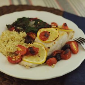 Broiled White Fish with Lemon, Tomatoes, and Olives