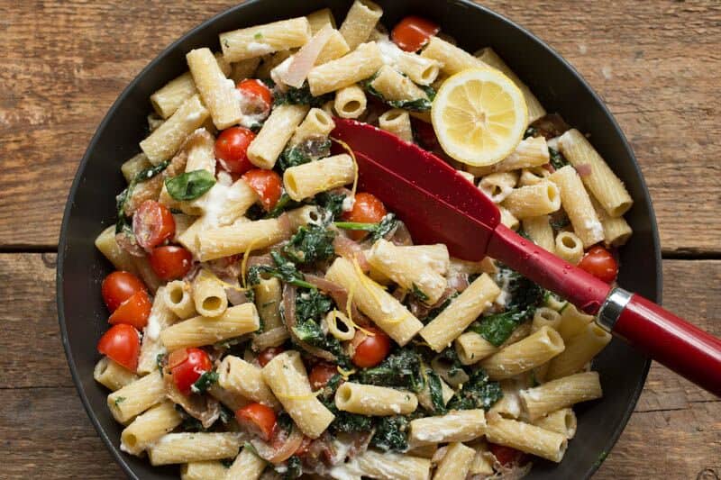 Creamy Rigatoni with Lemony Greens - The Scramble