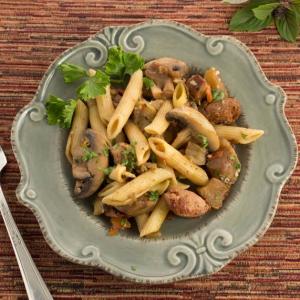 Italian Eggplant, Sausage and Mushroom Medley over Penne