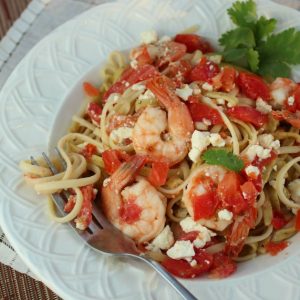 Linguine Topped with Shrimp and Feta Cheese