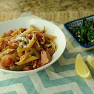 Penne with Smoked Sausage, Tomatoes, and Peppers