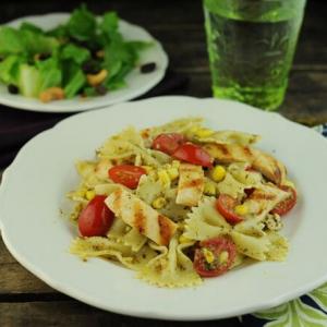 Pesto Pasta with Grape Tomatoes, Corn, and Chicken