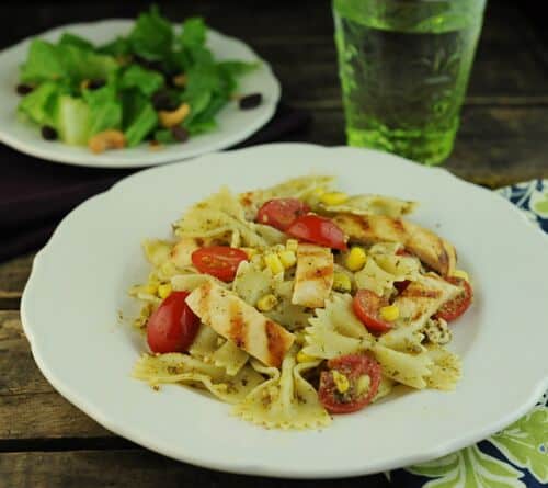 Pesto Pasta with Grape Tomatoes, Corn, and Chicken - The Scramble