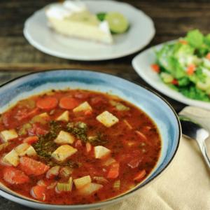 Pesto Vegetable Soup with Tofu or Chicken