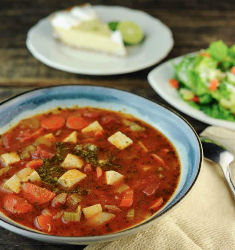 Pesto Vegetable Soup with Tofu or Chicken