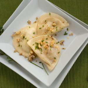 Pierogies with Butter Toasted Walnuts and Chives