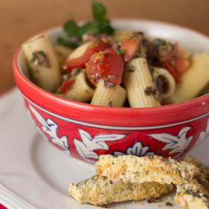 Rigatoni with Roasted Peppers, Walnuts, and Basil