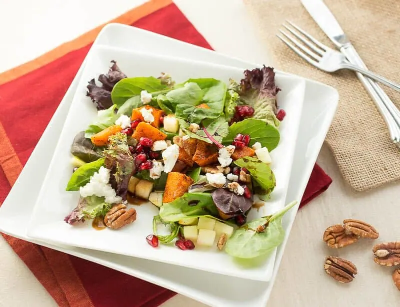 Roasted Butternut Squash, Pomegranate, Apple and Goat Cheese Salad
