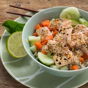 Sesame Salmon and Crunchy Veggie Rice Bowls