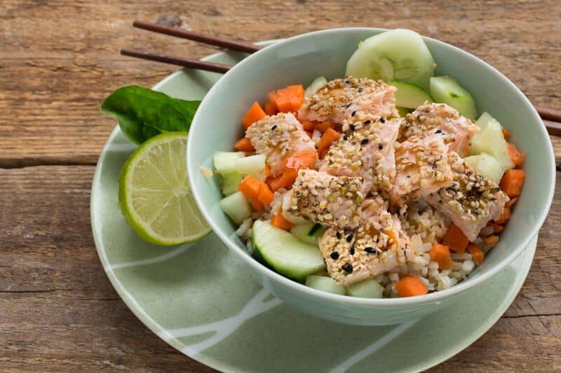 Sesame Salmon and Crunchy Veggie Rice Bowls
