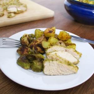Sheet Pan Pesto Chicken, Potatoes, and Brussels Sprouts