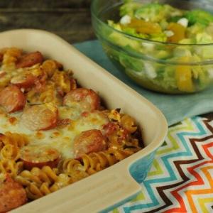 Spicy Sausage, Fusilli, and Zucchini Bake