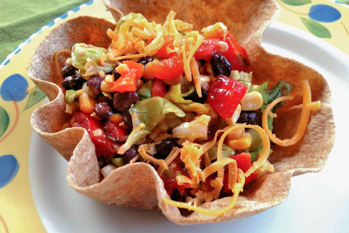Taco Salad in a Whole Wheat Baked Bowl with Salsa Lime Vinaigrette
