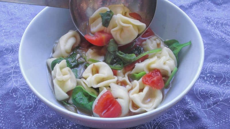 Tortellini Soup with Spinach and Tomatoes with homemade broth