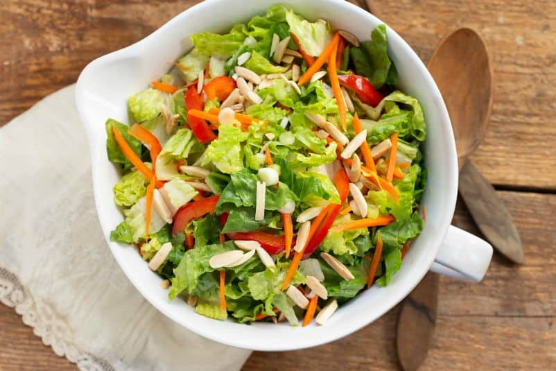Green Salad with Red Bell Peppers, Toasted Almonds, Shredded Carrots, and Ginger Dressing-5691.opt Green Salad with Red Bell Peppers, Toasted Almonds, Shredded Carrots, and Ginger Dressing