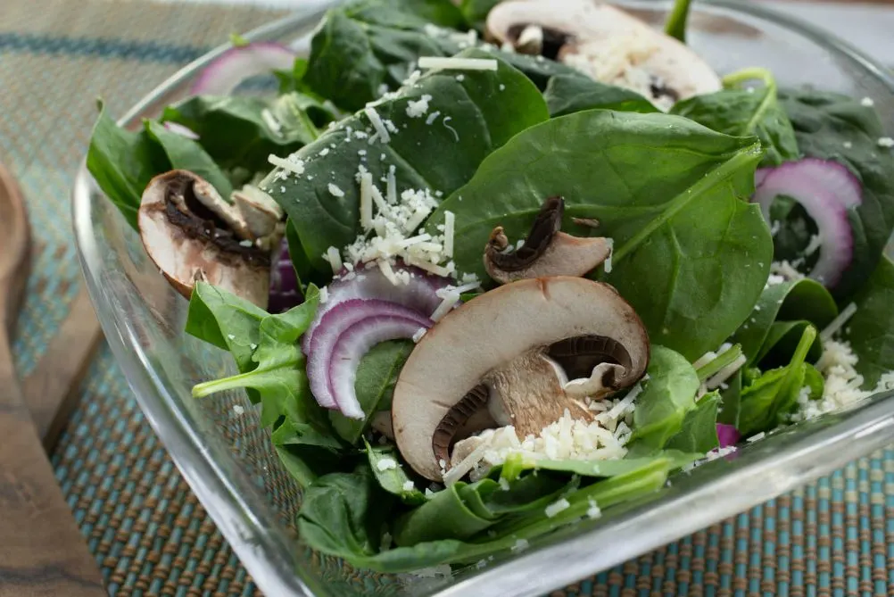 Spinach Salad with Mushrooms, Onions, and Parmesan Cheese