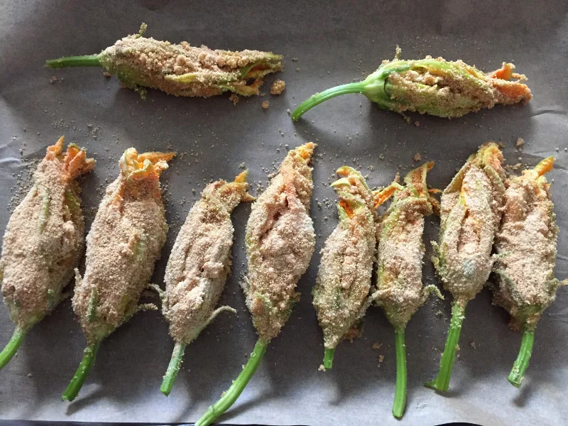 prepping baked squash blossoms