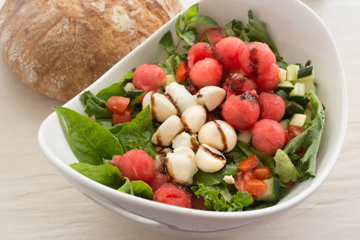 watermelon caprese salad with arugula: how to get dinner on the table in the summer
