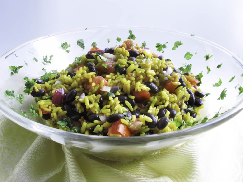 Saffron Rice and Bean Salad an example of easy dinners for one or two people
