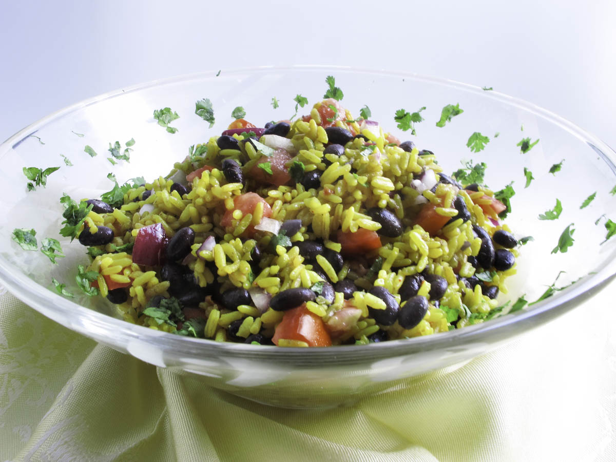 Saffron Rice and Bean Salad an example of easy dinners for one or two people