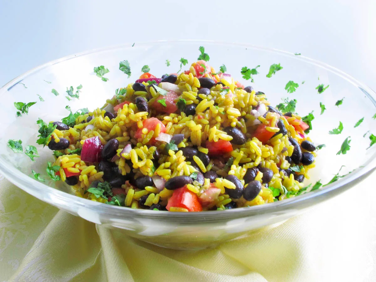 Saffron Rice and Bean Salad an example of easy dinners for one or two people