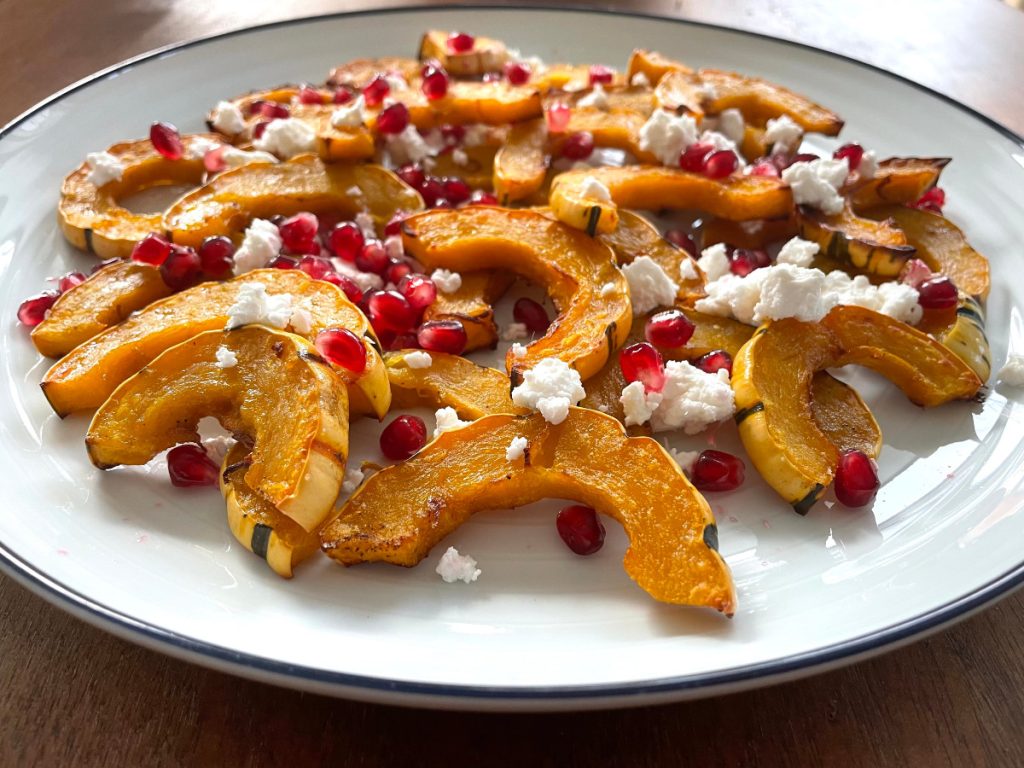 roasted delicata squash with feta and pomegranate