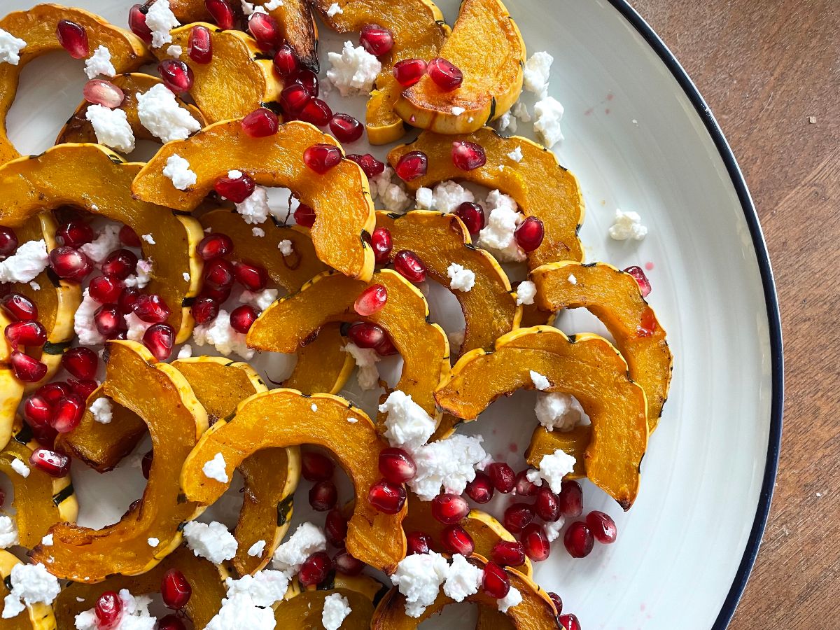 roasted delicata squash with feta and pomegranate