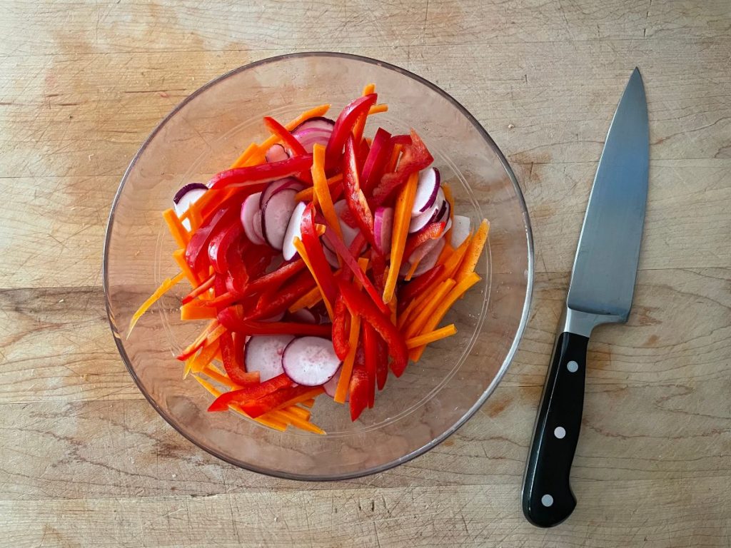 chopped vegetables and knife