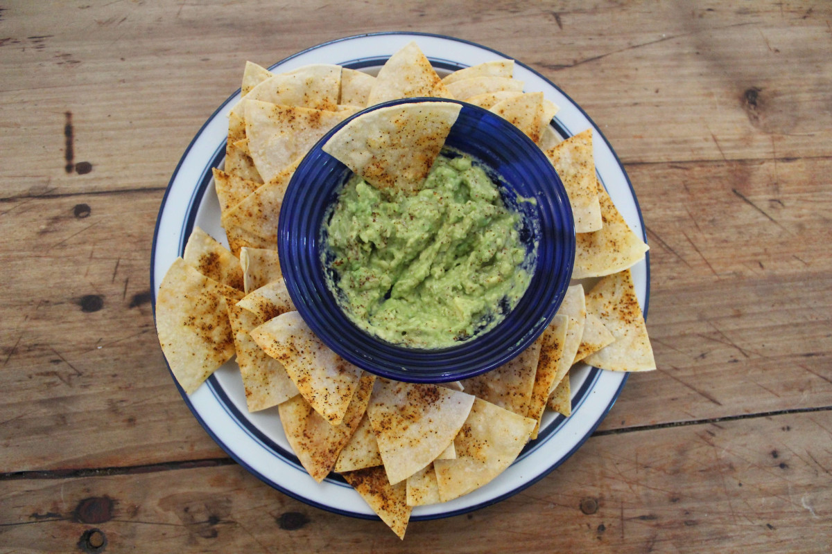 homemade barbecue tortilla chips and avocado smash